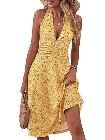 Women's Floral Print Summer Tank Top Skirt Dress - Sleeveless Hanging Neck A-Line Mini Dress with Elastic Waist & Pockets, Lightweight Casual Beachwear for Spring\u002FSummer, Beach Dresses, Summer Outfit, Flowy Fabric