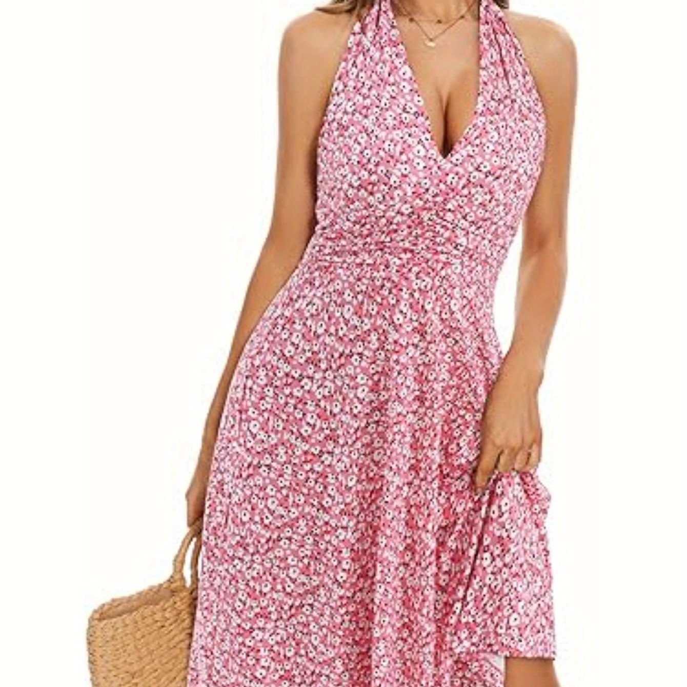 Women's Floral Print Summer Tank Top Skirt Dress - Sleeveless Hanging Neck A-Line Mini Dress with Elastic Waist & Pockets, Lightweight Casual Beachwear for Spring\u002FSummer, Beach Dresses, Summer Outfit, Flowy Fabric
