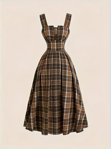 25 Years Of Elegant Style New Products, Retro Plaid Suspender Dress, Waist-hugging Design, Temperament Mid-length Dress