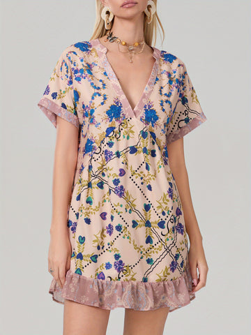 Women'S Bohemian Floral Print V-Neck Short Sleeve Dress with Pockets - Flowy A-Line Mini Dress in Red, Beige & Blue, Perfect for Summer & Casual Outings, Bohemian Dress