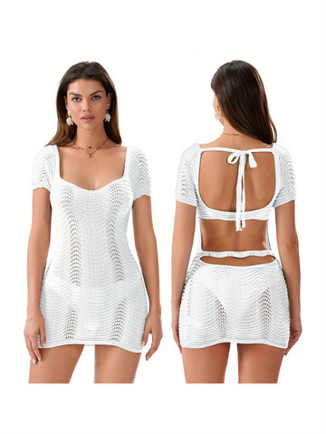 Women'S Sexy Crochet Bodycon Dress - Square Neck Backless Short Sleeve Party Dress for Beach, Cocktail, Streetwear - Light Blue Summer Casual Beachwear, Beach Dresses, Cocktail Attire, Backless Design, Intricate Lace Detailing