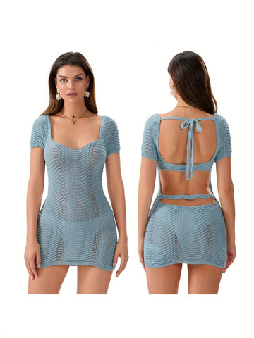 Women'S Sexy Crochet Bodycon Dress - Square Neck Backless Short Sleeve Party Dress for Beach, Cocktail, Streetwear - Light Blue Summer Casual Beachwear, Beach Dresses, Cocktail Attire, Backless Design, Intricate Lace Detailing