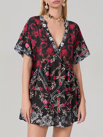 Women'S Bohemian Floral Print V-Neck Short Sleeve Dress with Pockets - Flowy A-Line Mini Dress in Red, Beige & Blue, Perfect for Summer & Casual Outings, Bohemian Dress