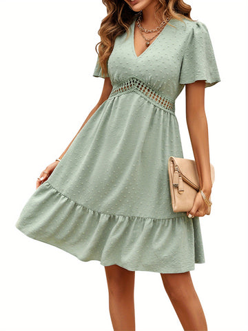 Women A-Lined Dresses, Short Sleeve V Neck Cutout High Waist Midi Party Street Summer Dress