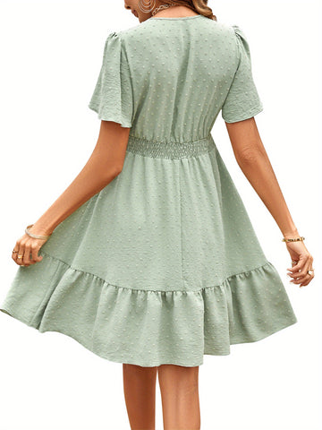 Women A-Lined Dresses, Short Sleeve V Neck Cutout High Waist Midi Party Street Summer Dress