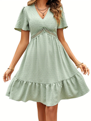 Women A-Lined Dresses, Short Sleeve V Neck Cutout High Waist Midi Party Street Summer Dress