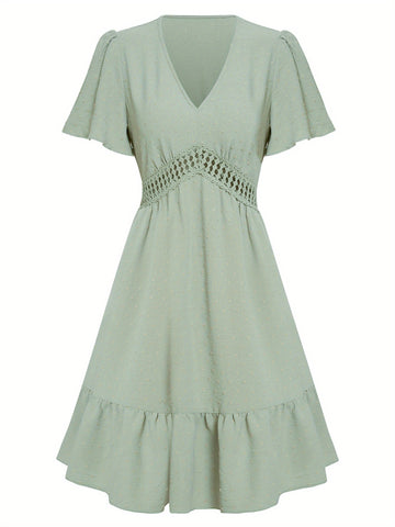 Women A-Lined Dresses, Short Sleeve V Neck Cutout High Waist Midi Party Street Summer Dress