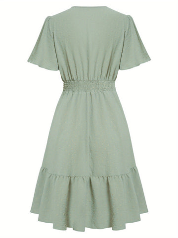 Women A-Lined Dresses, Short Sleeve V Neck Cutout High Waist Midi Party Street Summer Dress