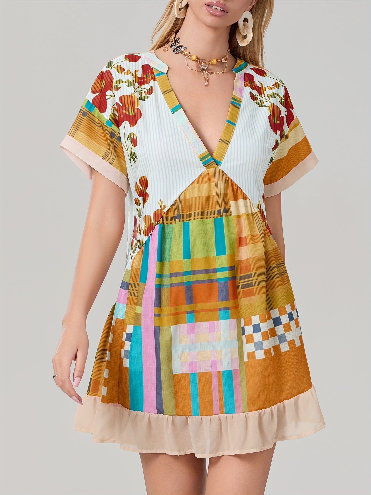 Women'S Bohemian Floral Print V-Neck Short Sleeve Dress with Pockets - Flowy A-Line Mini Dress in Red, Beige & Blue, Perfect for Summer & Casual Outings, Bohemian Dress