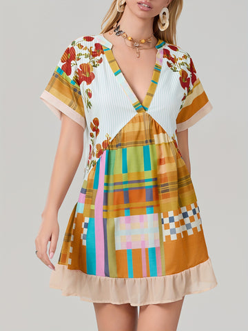 Women'S Bohemian Floral Print V-Neck Short Sleeve Dress with Pockets - Flowy A-Line Mini Dress in Red, Beige & Blue, Perfect for Summer & Casual Outings, Bohemian Dress