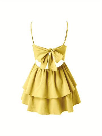 Women's Sleeveless Backless party dress - Mustard yellow A-line mini skirt, Boho to Formal Outfits - Stretchy & Machine Washable Everyday & Evening Wear