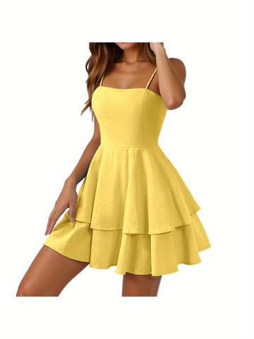 Women's Sleeveless Backless party dress - Mustard yellow A-line mini skirt, Boho to Formal Outfits - Stretchy & Machine Washable Everyday & Evening Wear