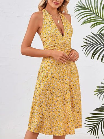 Women's Floral Print Summer Tank Top Skirt Dress - Sleeveless Hanging Neck A-Line Mini Dress with Elastic Waist & Pockets, Lightweight Casual Beachwear for Spring\u002FSummer, Beach Dresses, Summer Outfit, Flowy Fabric