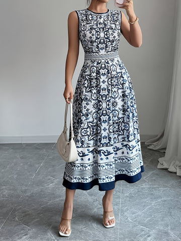 Vintage Blue & White Geometric Print Sleeveless Midi Dress - Round Neck Machine-Washable Non-Stretch Fabric for Spring Summer Fall, Casual to Semi-Formal Occasions