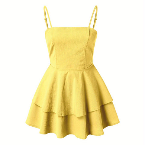 Women's Sleeveless Backless party dress - Mustard yellow A-line mini skirt, Boho to Formal Outfits - Stretchy & Machine Washable Everyday & Evening Wear