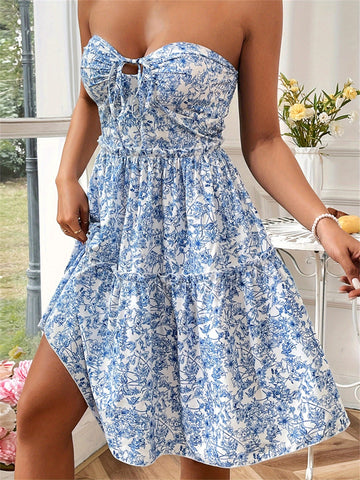 Women's Y2K Floral Print Mini Dress - Adjustable Tie-Front Strapless Tube Dress, Lightweight Pencil Skirt for Spring\u002FSummer Casual Outfits, Summer Fashion, Offshoulder Style, Flowy Fabric, Rustle Texture