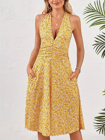 Women's Floral Print Summer Tank Top Skirt Dress - Sleeveless Hanging Neck A-Line Mini Dress with Elastic Waist & Pockets, Lightweight Casual Beachwear for Spring\u002FSummer, Beach Dresses, Summer Outfit, Flowy Fabric