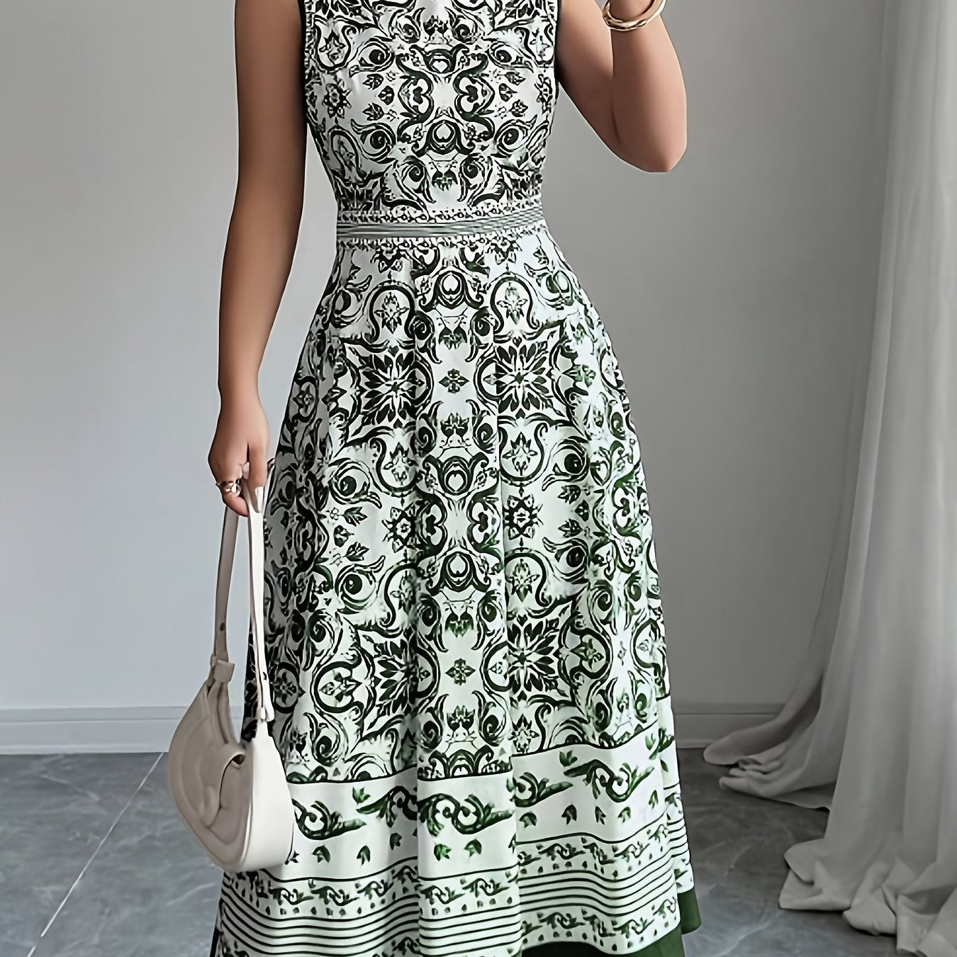 Vintage Blue & White Geometric Print Sleeveless Midi Dress - Round Neck Machine-Washable Non-Stretch Fabric for Spring Summer Fall, Casual to Semi-Formal Occasions
