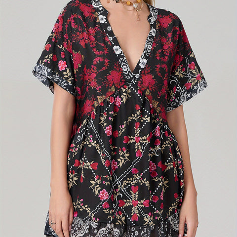 Women'S Bohemian Floral Print V-Neck Short Sleeve Dress with Pockets - Flowy A-Line Mini Dress in Red, Beige & Blue, Perfect for Summer & Casual Outings, Bohemian Dress