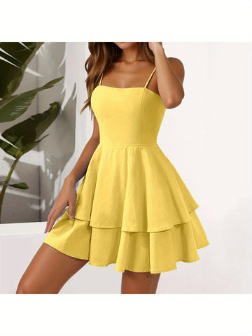 Women's Sleeveless Backless party dress - Mustard yellow A-line mini skirt, Boho to Formal Outfits - Stretchy & Machine Washable Everyday & Evening Wear