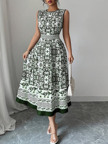 Vintage Blue & White Geometric Print Sleeveless Midi Dress - Round Neck Machine-Washable Non-Stretch Fabric for Spring Summer Fall, Casual to Semi-Formal Occasions