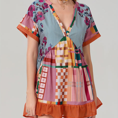 Women'S Bohemian Floral Print V-Neck Short Sleeve Dress with Pockets - Flowy A-Line Mini Dress in Red, Beige & Blue, Perfect for Summer & Casual Outings, Bohemian Dress