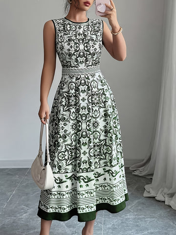 Vintage Blue & White Geometric Print Sleeveless Midi Dress - Round Neck Machine-Washable Non-Stretch Fabric for Spring Summer Fall, Casual to Semi-Formal Occasions