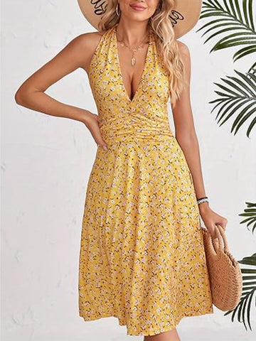 Women's Floral Print Summer Tank Top Skirt Dress - Sleeveless Hanging Neck A-Line Mini Dress with Elastic Waist & Pockets, Lightweight Casual Beachwear for Spring\u002FSummer, Beach Dresses, Summer Outfit, Flowy Fabric