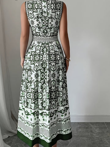 Vintage Blue & White Geometric Print Sleeveless Midi Dress - Round Neck Machine-Washable Non-Stretch Fabric for Spring Summer Fall, Casual to Semi-Formal Occasions