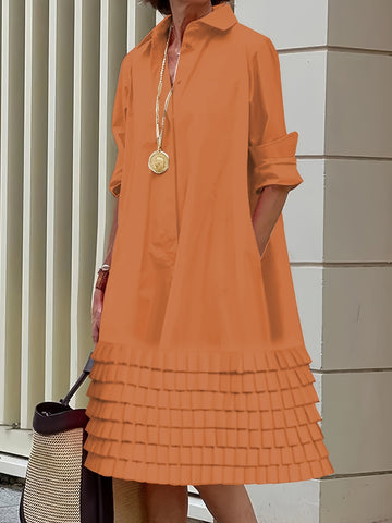 Women's Stylish Orange Pleated Midi Shirt Dress with Pockets - Long Sleeve, Loose A-Line Cut, Lapel Collar, Soft Fabric, Perfect for Casual & Office Wear, Spring\u002FFall Collection