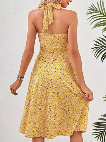 Women's Floral Print Summer Tank Top Skirt Dress - Sleeveless Hanging Neck A-Line Mini Dress with Elastic Waist & Pockets, Lightweight Casual Beachwear for Spring\u002FSummer, Beach Dresses, Summer Outfit, Flowy Fabric