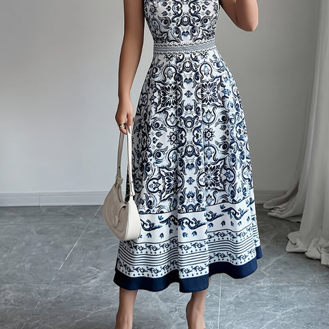 Vintage Blue & White Geometric Print Sleeveless Midi Dress - Round Neck Machine-Washable Non-Stretch Fabric for Spring Summer Fall, Casual to Semi-Formal Occasions