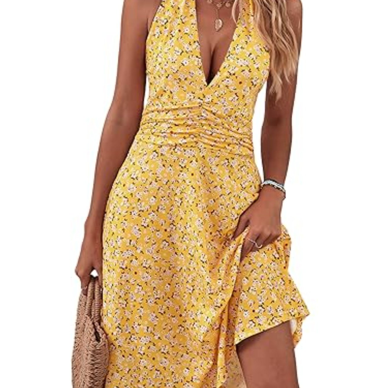 Women's Floral Print Summer Tank Top Skirt Dress - Sleeveless Hanging Neck A-Line Mini Dress with Elastic Waist & Pockets, Lightweight Casual Beachwear for Spring\u002FSummer, Beach Dresses, Summer Outfit, Flowy Fabric