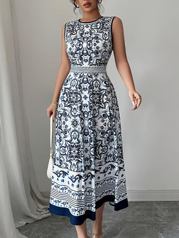 Vintage Blue & White Geometric Print Sleeveless Midi Dress - Round Neck Machine-Washable Non-Stretch Fabric for Spring Summer Fall, Casual to Semi-Formal Occasions