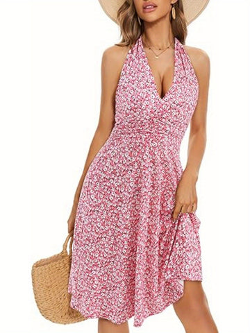 Women's Floral Print Summer Tank Top Skirt Dress - Sleeveless Hanging Neck A-Line Mini Dress with Elastic Waist & Pockets, Lightweight Casual Beachwear for Spring\u002FSummer, Beach Dresses, Summer Outfit, Flowy Fabric