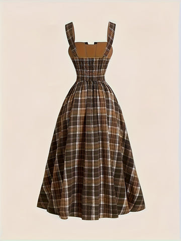 25 Years Of Elegant Style New Products, Retro Plaid Suspender Dress, Waist-hugging Design, Temperament Mid-length Dress