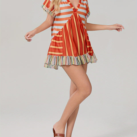 Women'S Bohemian Floral Print V-Neck Short Sleeve Dress with Pockets - Flowy A-Line Mini Dress in Red, Beige & Blue, Perfect for Summer & Casual Outings, Bohemian Dress