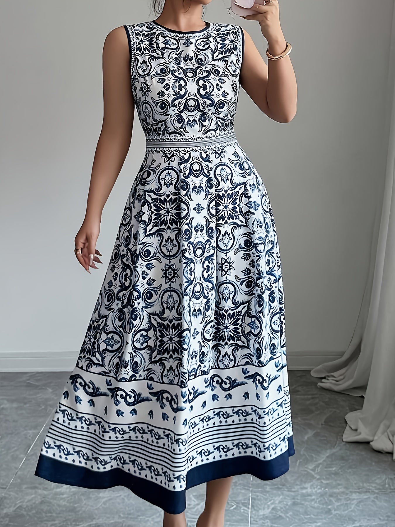 Vintage Blue & White Geometric Print Sleeveless Midi Dress - Round Neck Machine-Washable Non-Stretch Fabric for Spring Summer Fall, Casual to Semi-Formal Occasions