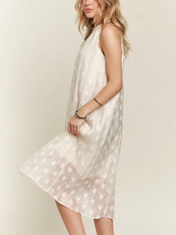 Womens Casual Floral Romantic Chic Halter Neck Embroidered Flower Pattern Swing Midi Dress Ivory White Sleeveless Full Length Mock Neck Shimmery Fabric Perfect for Summer Wedding Guest Party Occasions