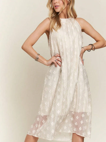 Womens Casual Floral Romantic Chic Halter Neck Embroidered Flower Pattern Swing Midi Dress Ivory White Sleeveless Full Length Mock Neck Shimmery Fabric Perfect for Summer Wedding Guest Party Occasions