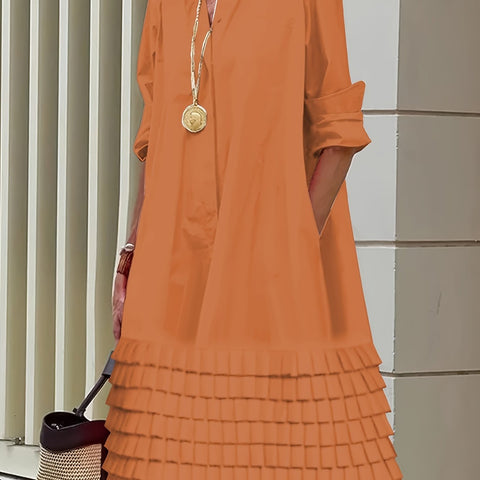 Women's Stylish Orange Pleated Midi Shirt Dress with Pockets - Long Sleeve, Loose A-Line Cut, Lapel Collar, Soft Fabric, Perfect for Casual & Office Wear, Spring\u002FFall Collection