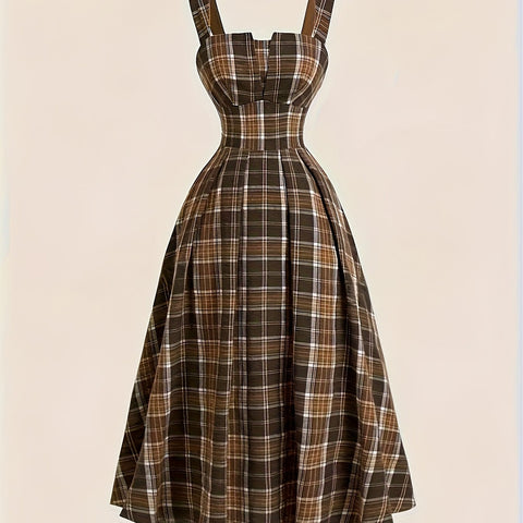 25 Years Of Elegant Style New Products, Retro Plaid Suspender Dress, Waist-hugging Design, Temperament Mid-length Dress